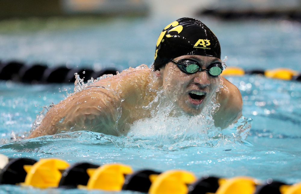 IowaÕs Michael Tenney competes in the 200 yard butterfly against Notre Dame and Illinois Saturday, January 11, 2020 at the Campus Recreation and Wellness Center. (Brian Ray/hawkeyesports.com)