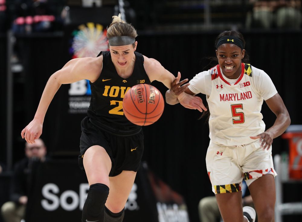 Iowa Hawkeyes forward Hannah Stewart (21) against the Maryland Terrapins Sunday, March 10, 2019 at Bankers Life Fieldhouse in Indianapolis, Ind. (Brian Ray/hawkeyesports.com)