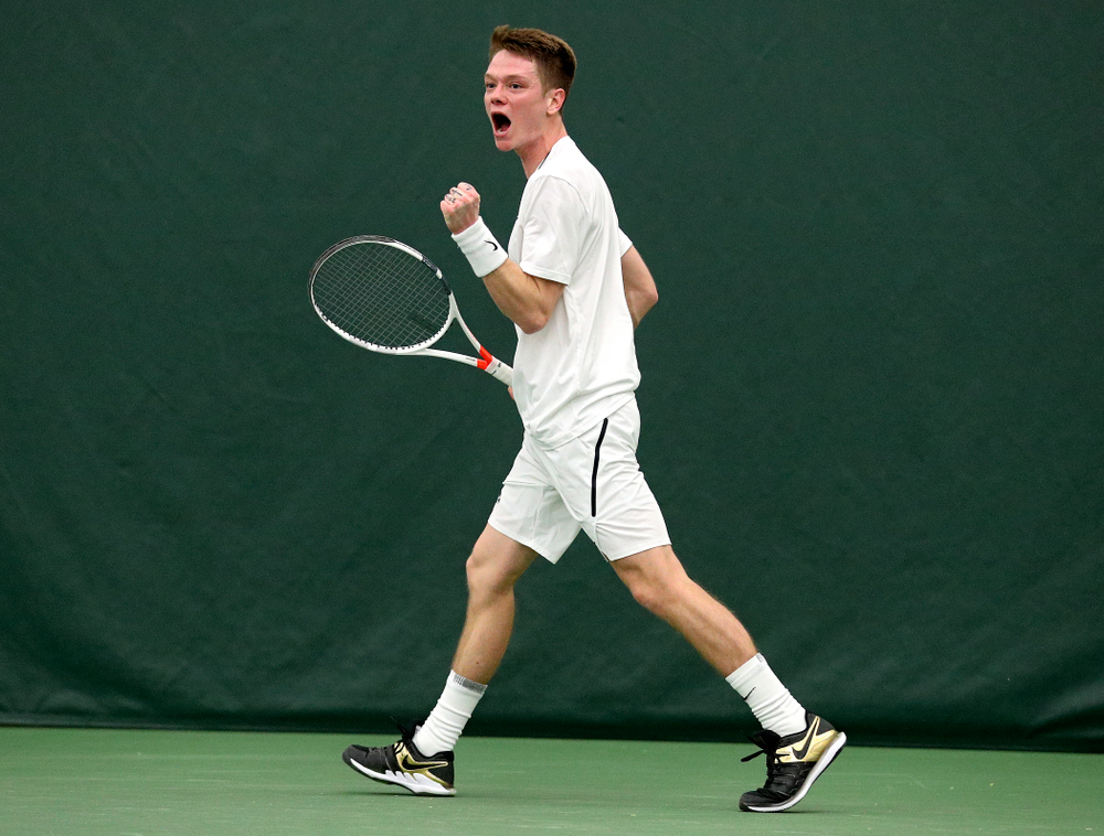 Iowa’s Jason Kerst celebrates a point during his singles match at the Hawkeye Tennis and Recreation Complex in Iowa City on Sunday, February 16, 2020. (Stephen Mally/hawkeyesports.com)
