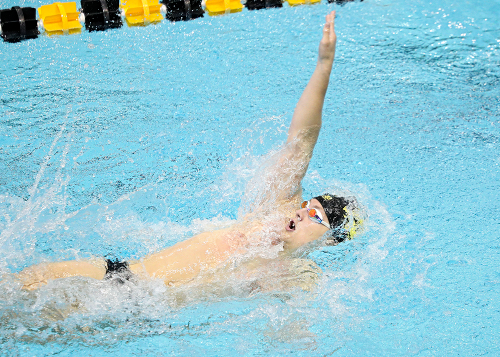 Iowa’s Ryan Purdy swims the men’s 200-yard backstroke event during their meet against Michigan State and Northern Iowa at the Campus Recreation and Wellness Center in Iowa City on Friday, Oct 4, 2019. (Stephen Mally/hawkeyesports.com)