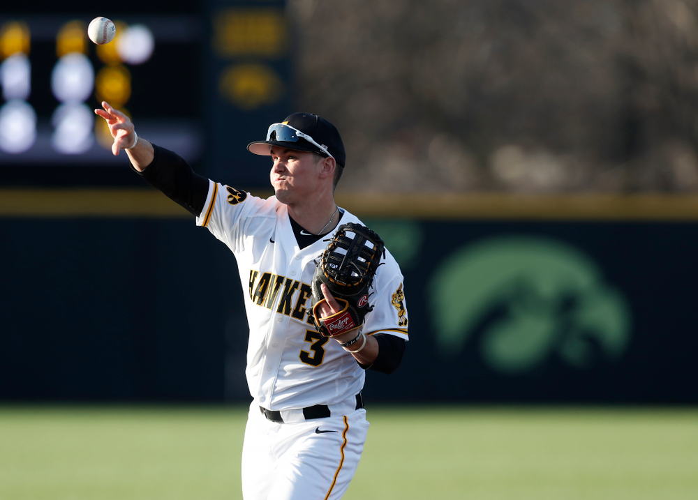 Iowa Hawkeyes infielder Matt Hoeg (3) against Northern Illinois Tuesday, April 17, 2018 at Duane Banks Field. (Brian Ray/hawkeyesports.com)