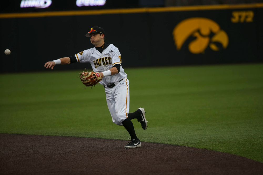 Iowa infielder Mitchell Boe at game 1 vs Illinois on Friday, March 29, 2019 at Duane Banks Field. (Lily Smith/hawkeyesports.com)