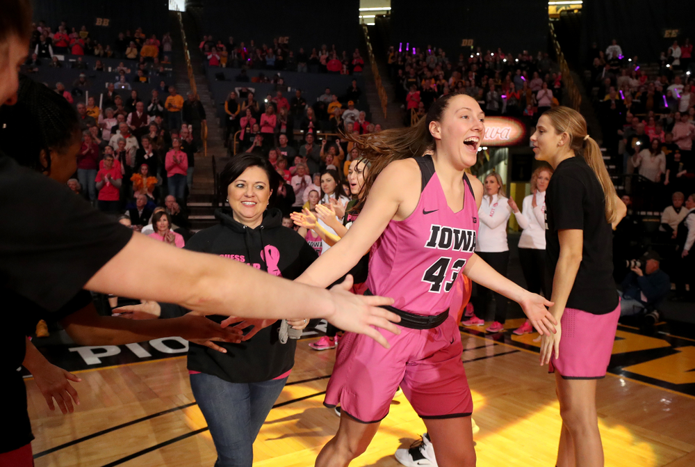 Iowa Hawkeyes forward Amanda Ollinger (43) is introduced before their game against the Wisconsin Badgers Sunday, February 16, 2020 at Carver-Hawkeye Arena. (Brian Ray/hawkeyesports.com)