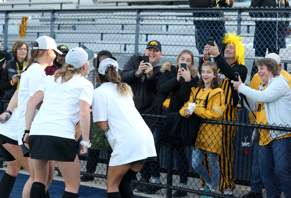 The Iowa Hawkeyes celebrate their victory over Penn State in the 2019 Big Ten Field Hockey Tournament Championship Game Sunday, November 10, 2019 in State College. (Brian Ray/hawkeyesports.com)