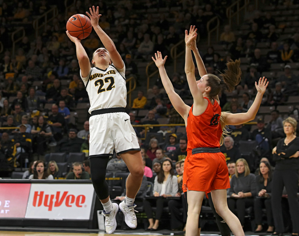 Iowa guard Kathleen Doyle (22) makes a basket during the fourth quarter of their overtime win against Princeton at Carver-Hawkeye Arena in Iowa City on Wednesday, Nov 20, 2019. (Stephen Mally/hawkeyesports.com)