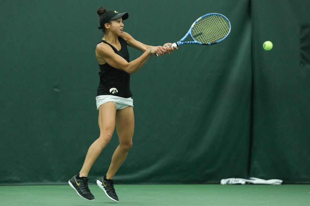 Iowa’s Michelle Bacalla returns a hit during the Iowa women’s tennis meet vs DePaul on Friday, February 21, 2020 at the Hawkeye Tennis and Recreation Complex. (Lily Smith/hawkeyesports.com)
