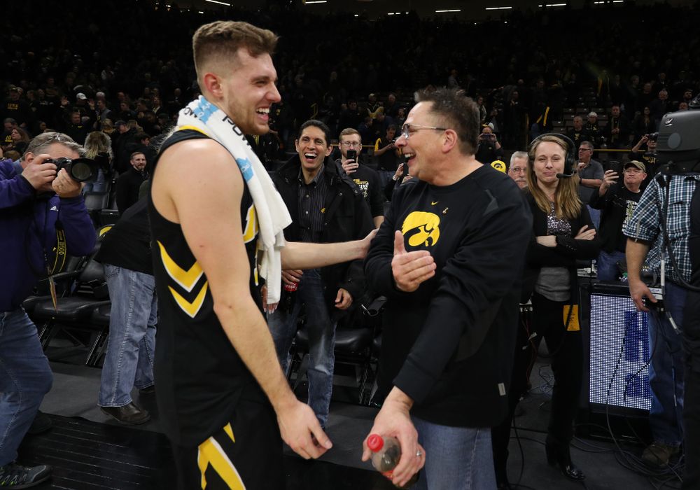 Iowa Hawkeyes guard Jordan Bohannon (3) and Brent Feller against the Indiana Hoosiers Friday, February 22, 2019 at Carver-Hawkeye Arena. (Brian Ray/hawkeyesports.com)