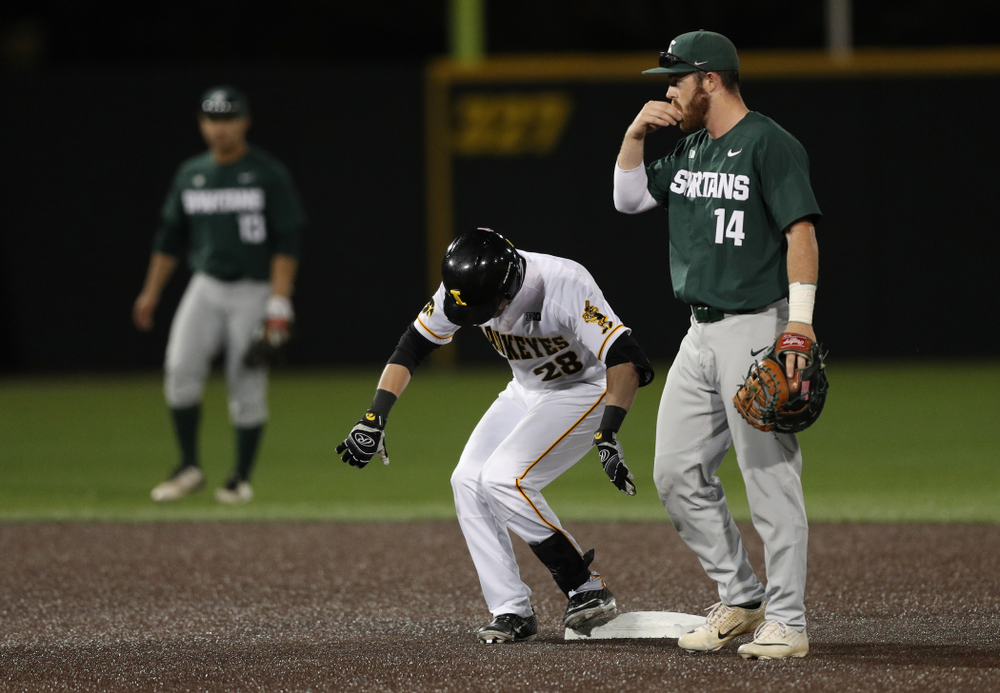 Iowa Hawkeyes Chris Whelan (28) doubles against the Michigan State Spartans Friday, May 10, 2019 at Duane Banks Field. (Brian Ray/hawkeyesports.com)