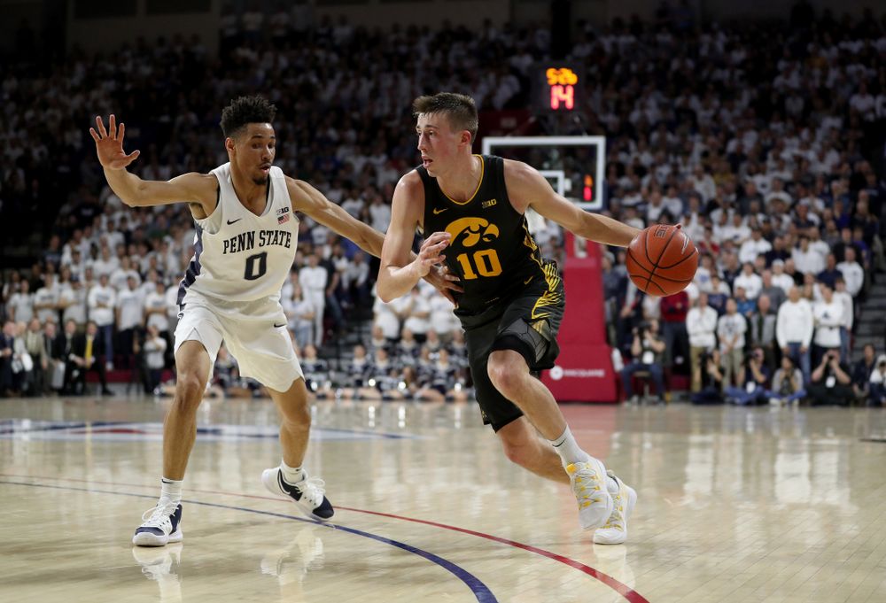 Iowa Hawkeyes guard Joe Wieskamp (10) against Penn State Saturday, January 4, 2020 at the Palestra in Philadelphia. (Brian Ray/hawkeyesports.com)