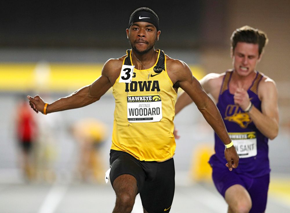 Iowa’s Antonio Woodard runs in the men’s 60 meter dash prelim event during the Hawkeye Invitational at the Recreation Building in Iowa City on Saturday, January 11, 2020. (Stephen Mally/hawkeyesports.com)