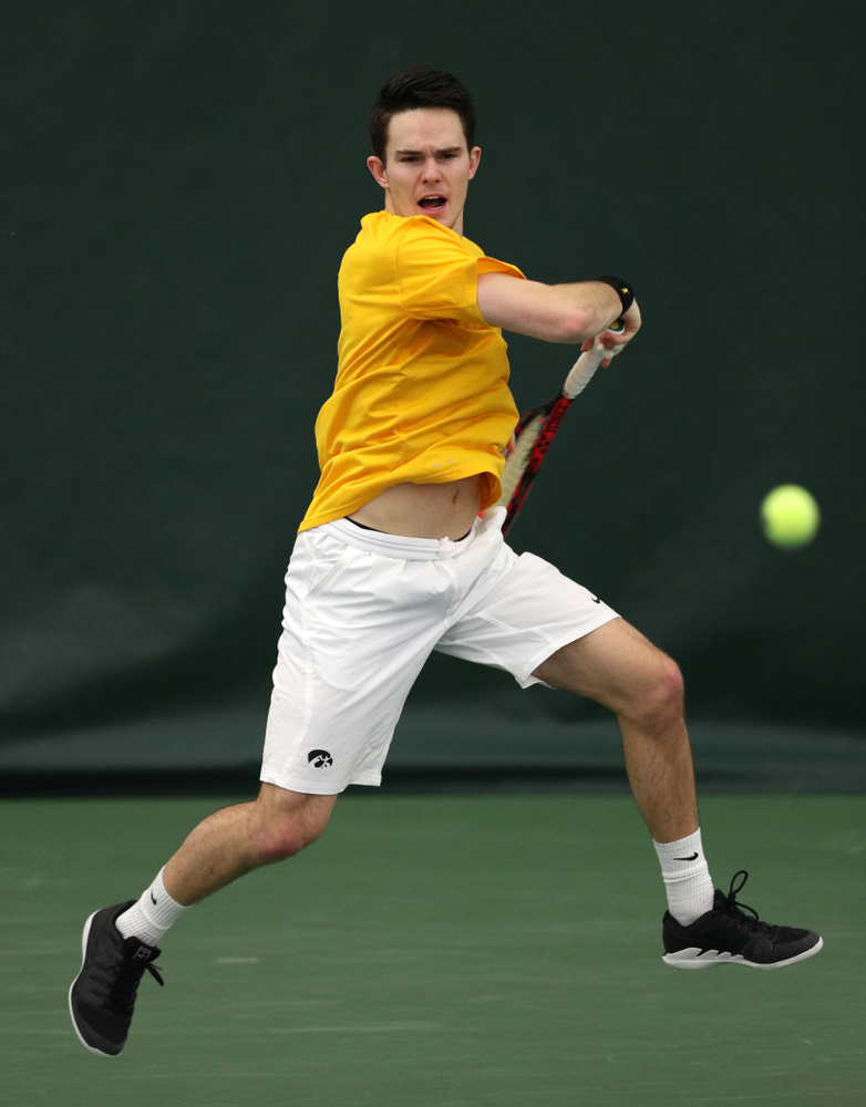 Jonas Larsen against Utah Sunday, February 10, 2019 at the Hawkeye Tennis and Recreation Complex. (Brian Ray/hawkeyesports.com)