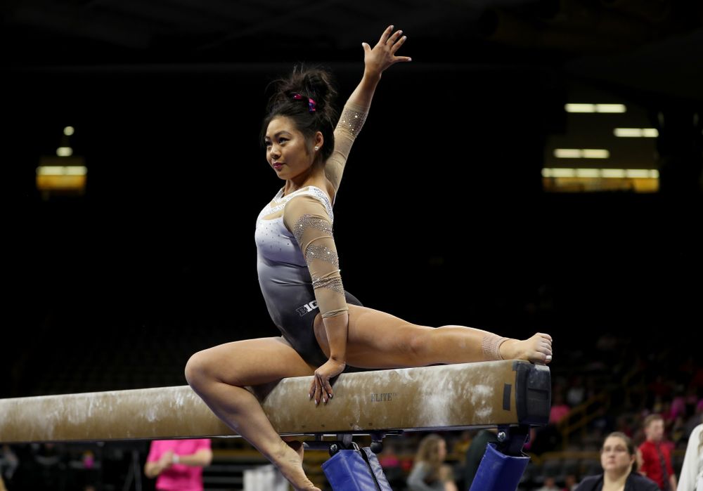 IowaÕs Clair Kaji competes on the beam against Ball State and Air Force Saturday, January 11, 2020 at Carver-Hawkeye Arena. (Brian Ray/hawkeyesports.com)