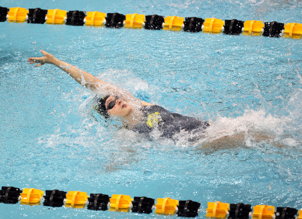 IowaÕs Emilia Sansome swims the 200 yard backstroke against the Michigan Wolverines Friday, November 1, 2019 at the Campus Recreation and Wellness Center. (Brian Ray/hawkeyesports.com)