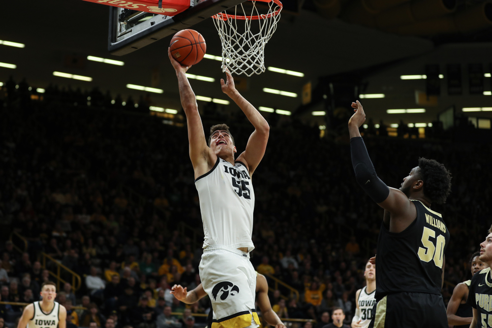 Iowa Hawkeyes forward Luka Garza (55) against the Purdue Boilermakers Tuesday, March 3, 2020 at Carver-Hawkeye Arena. (Brian Ray/hawkeyesports.com)
