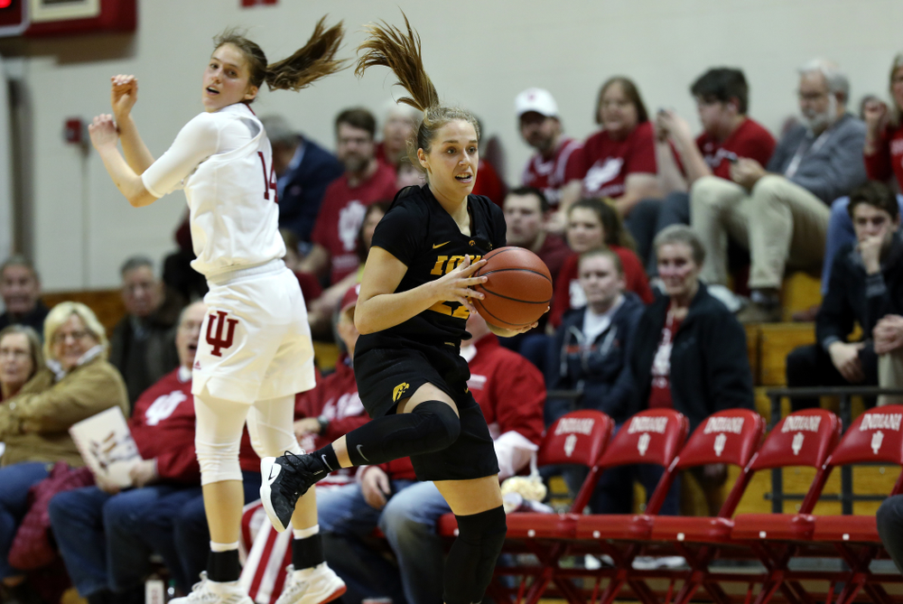 Iowa Hawkeyes guard Kathleen Doyle (22) against the Indiana Hoosiers Thursday, February 21, 2019 at Simon Skjodt Assembly Hall. (Brian Ray/hawkeyesports.com)