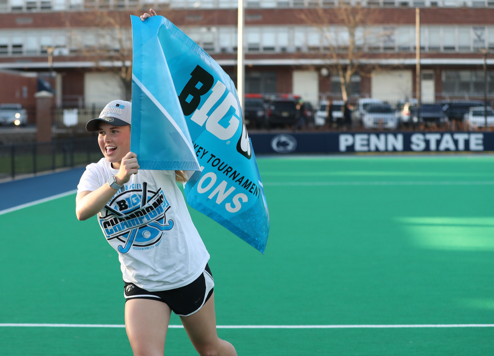 Iowa Hawkeyes goaltender Leslie Speight (96) celebrates their victory over Penn State in the 2019 Big Ten Field Hockey Tournament Championship Game Sunday, November 10, 2019 in State College. (Brian Ray/hawkeyesports.com)