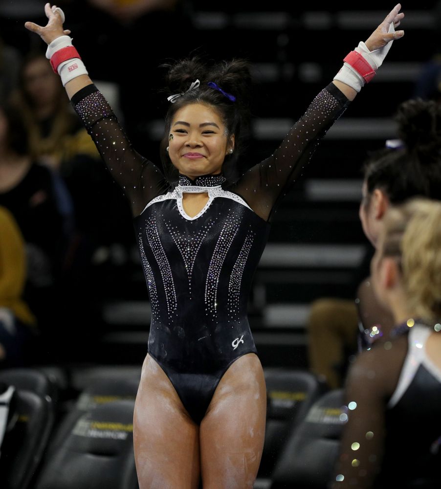 Iowa’s Clair Kaji competes on the bars against Michigan State Saturday, February 1, 2020 at Carver-Hawkeye Arena. (Brian Ray/hawkeyesports.com)