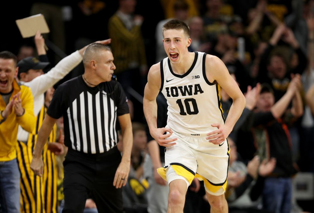 Iowa Hawkeyes guard Joe Wieskamp (10) celebrates a three point basket against the Michigan Wolverines Friday, January 17, 2020 at Carver-Hawkeye Arena. (Brian Ray/hawkeyesports.com)