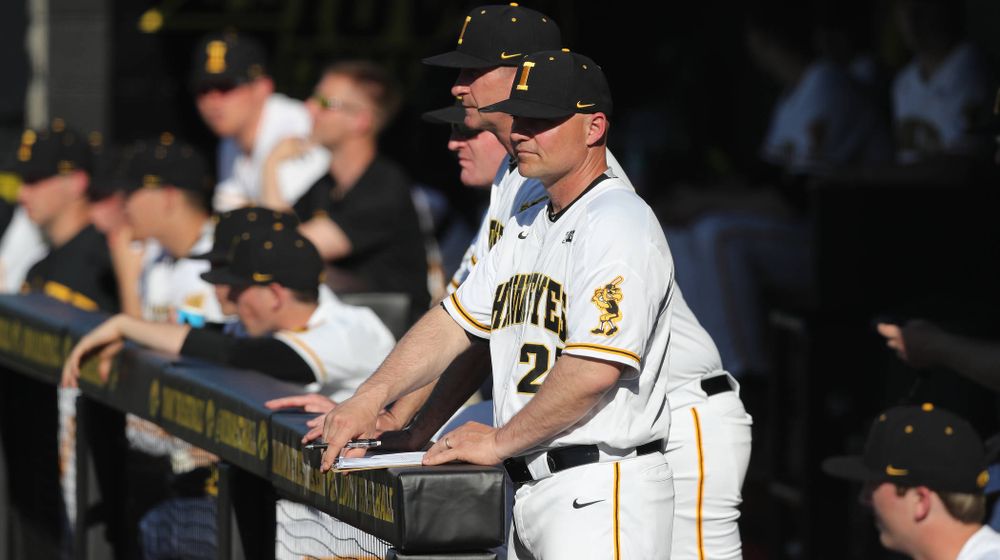 Iowa Hawkeyes assistant coach Robin Lund against the Nebraska Cornhuskers Saturday, April 20, 2019 at Duane Banks Field. (Brian Ray/hawkeyesports.com)