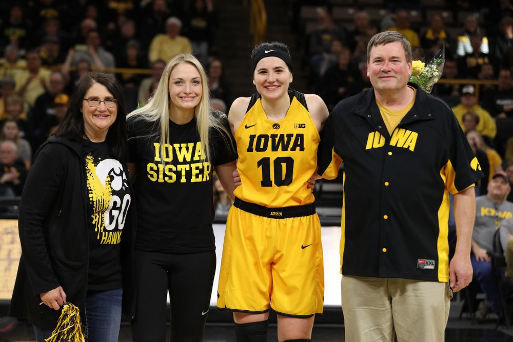 Iowa Hawkeyes forward Megan Gustafson (10) during senior day ceremonies following their game against the Northwestern Wildcats Sunday, March 3, 2019 at Carver-Hawkeye Arena. (Brian Ray/hawkeyesports.com)