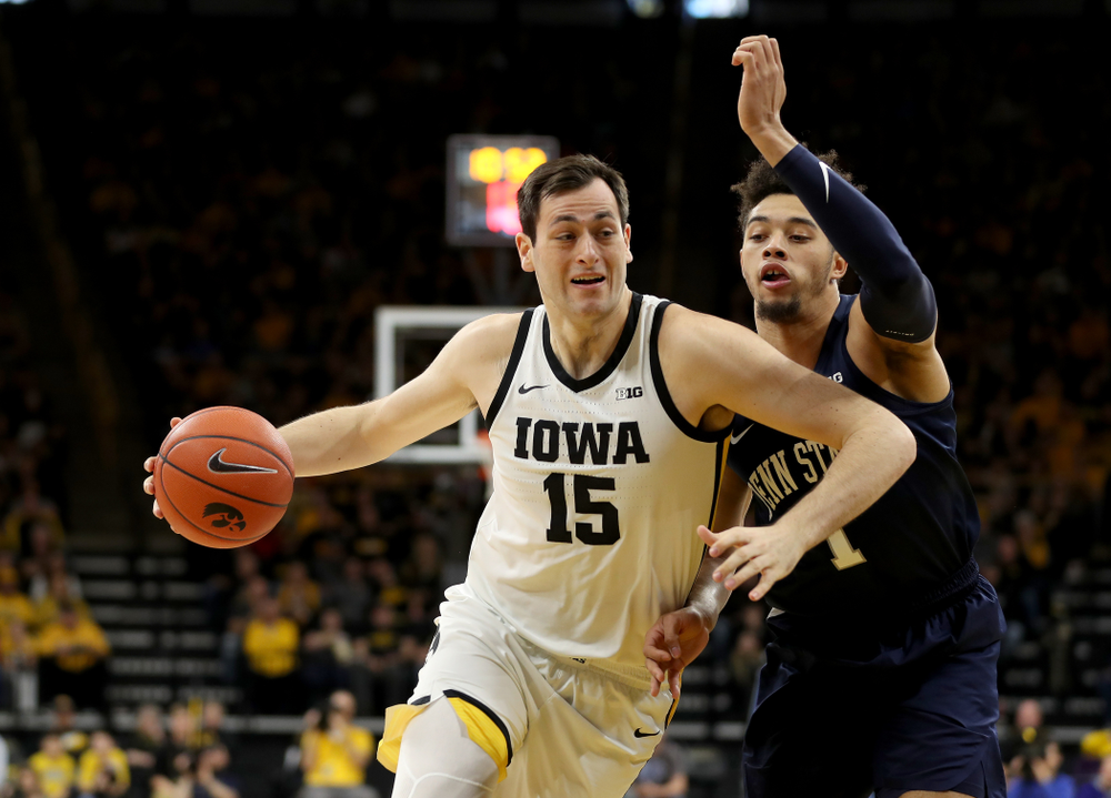 Iowa Hawkeyes forward Ryan Kriener (15) against Penn State Saturday, February 29, 2020 at Carver-Hawkeye Arena. (Brian Ray/hawkeyesports.com)