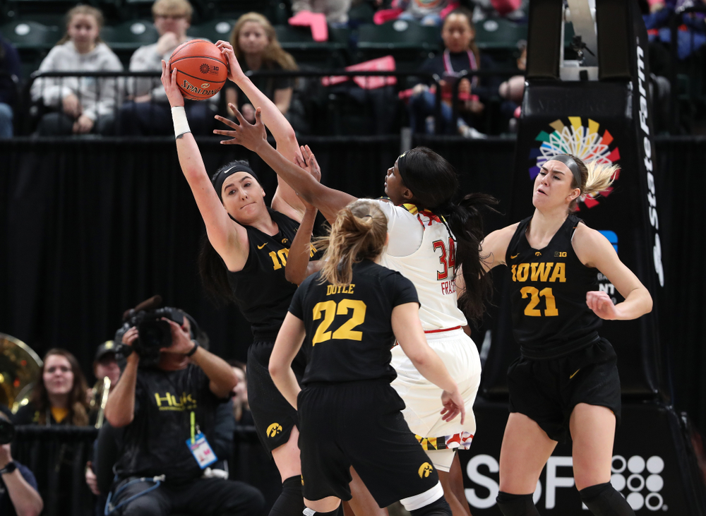 Iowa Hawkeyes forward Megan Gustafson (10) against the Maryland Terrapins Sunday, March 10, 2019 at Bankers Life Fieldhouse in Indianapolis, Ind. (Brian Ray/hawkeyesports.com)