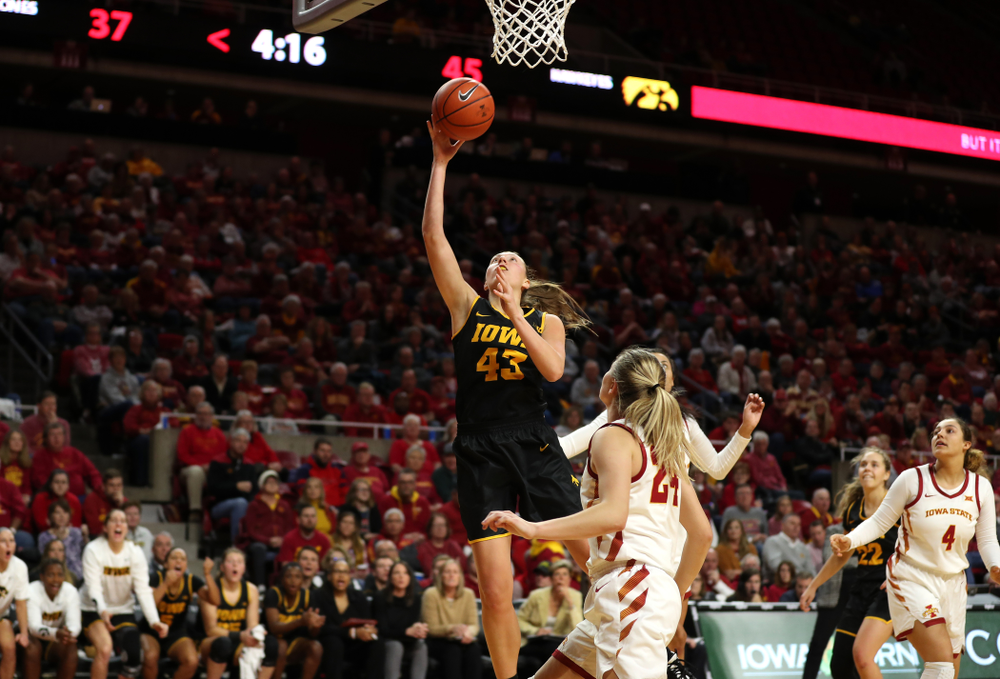Iowa Hawkeyes forward Amanda Ollinger (43) against the Iowa State Cyclones Wednesday, December 11, 2019 at Hilton Coliseum in Ames, Iowa(Brian Ray/hawkeyesports.com)
