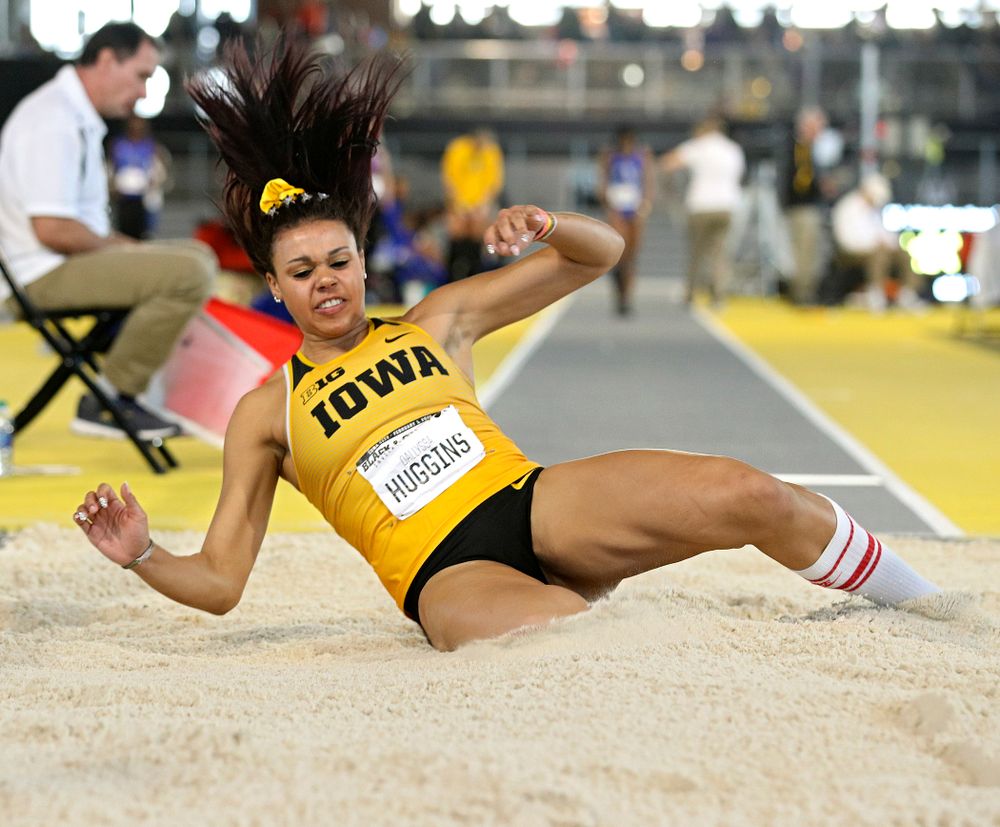 Iowa’s Dallyssa Huggins competes in the women’s long jump event at the Black and Gold Invite at the Recreation Building in Iowa City on Saturday, February 1, 2020. (Stephen Mally/hawkeyesports.com)