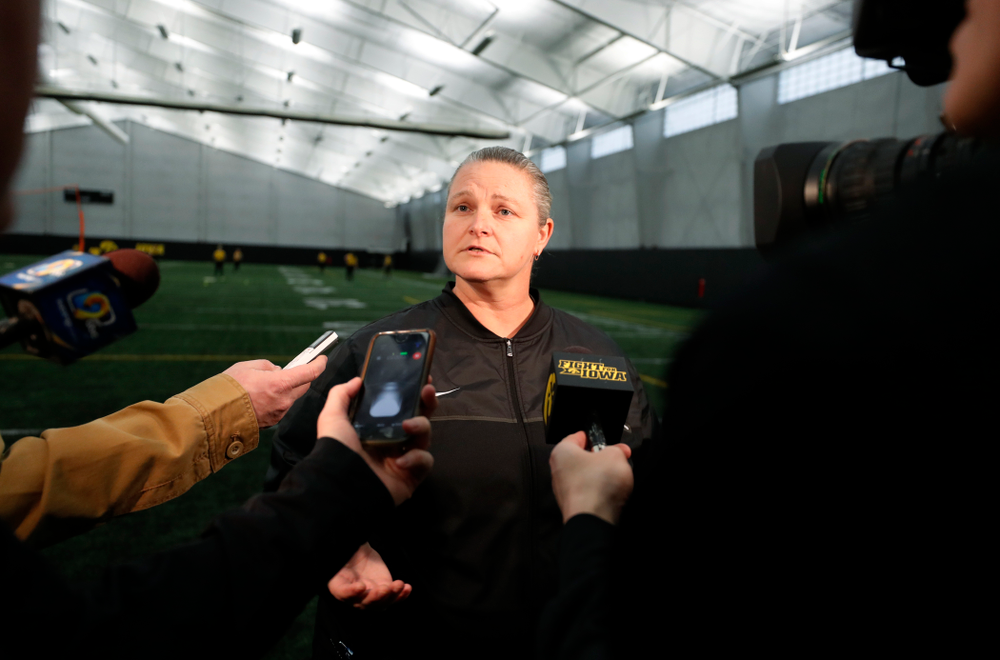 Iowa Head Coach Marla Looper answers questions during the team's annual media day Thursday, February 1, 2018 at the Hawkeye Tennis and Recreation Complex. (Brian Ray/hawkeyesports.com)