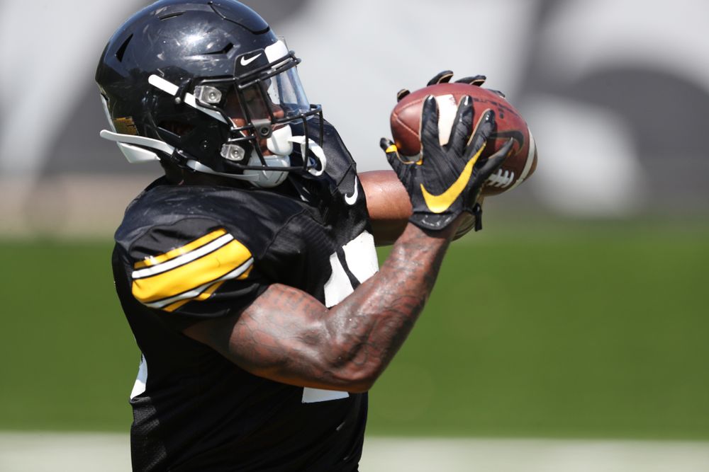 Iowa Hawkeyes wide receiver Brandon Smith (12) during Fall Camp Practice No. 5 Tuesday, August 6, 2019 at the Ronald D. and Margaret L. Kenyon Football Practice Facility. (Brian Ray/hawkeyesports.com)