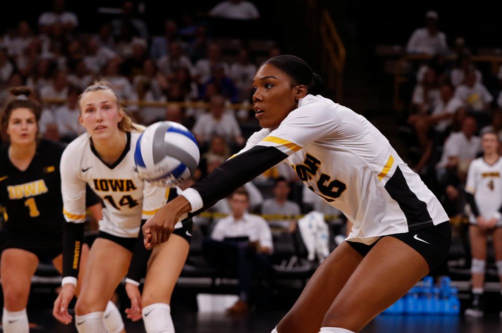Iowa Hawkeyes outside hitter Taylor Louis (16) against the Michigan State Spartans Friday, September 21, 2018 at Carver-Hawkeye Arena. (Brian Ray/hawkeyesports.com)