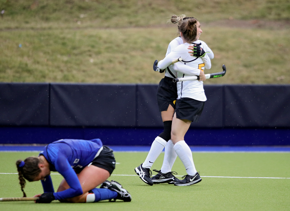 Iowa’s Ciara Smith (17) celebrates her goal with Meghan Conroy (5) during the first quarter of their NCAA Tournament First Round match against Duke at Karen Shelton Stadium in Chapel Hill, N.C. on Friday, Nov 15, 2019. (Stephen Mally/hawkeyesports.com)