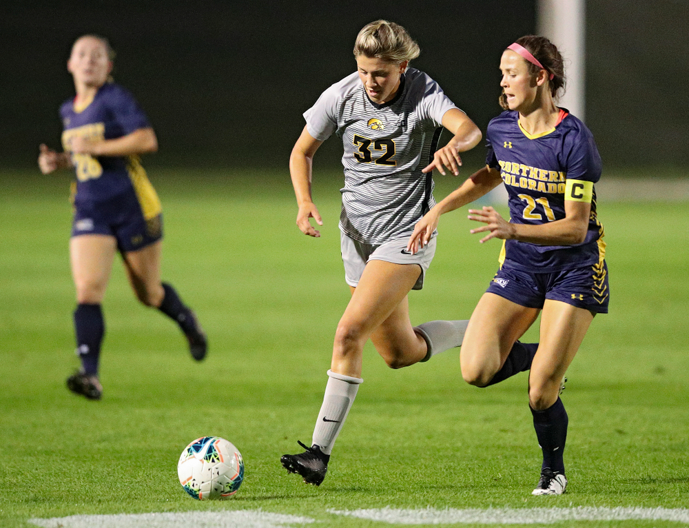 Iowa forward Gianna Gourley (32) moves with the ball during the first half of their match at the Iowa Soccer Complex in Iowa City on Friday, Sep 13, 2019. (Stephen Mally/hawkeyesports.com)