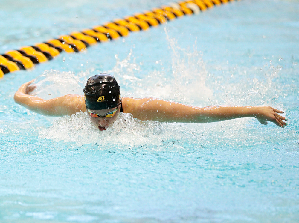 Iowa’s Christina Kaufman swims the women’s 100 yard butterfly preliminary event during the 2020 Women’s Big Ten Swimming and Diving Championships at the Campus Recreation and Wellness Center in Iowa City on Friday, February 21, 2020. (Stephen Mally/hawkeyesports.com)