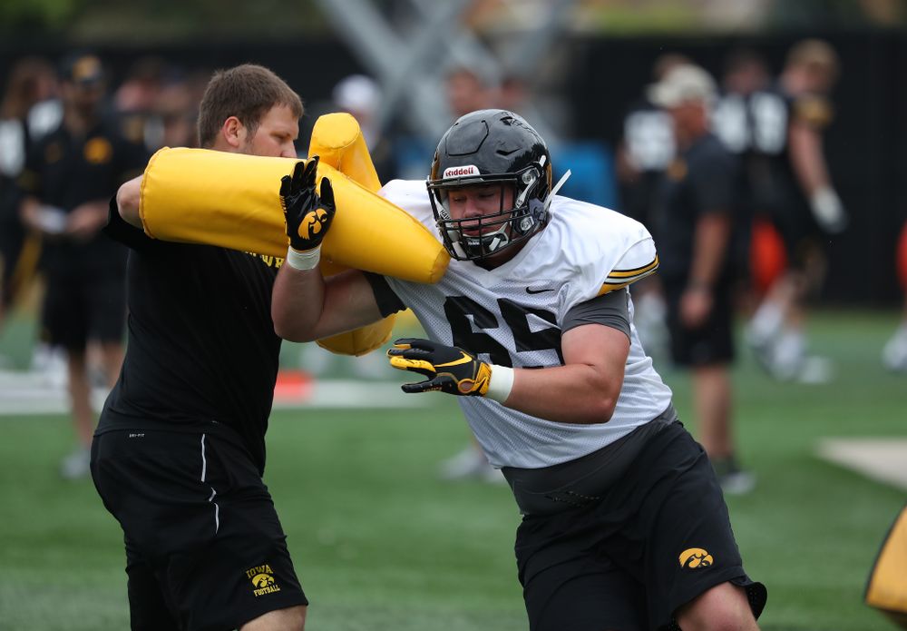 Iowa Hawkeyes defensive lineman Tyler Linderbaum (65) during practice No. 4 of Fall Camp Monday, August 6, 2018 at the Hansen Football Performance Center. (Brian Ray/hawkeyesports.com)