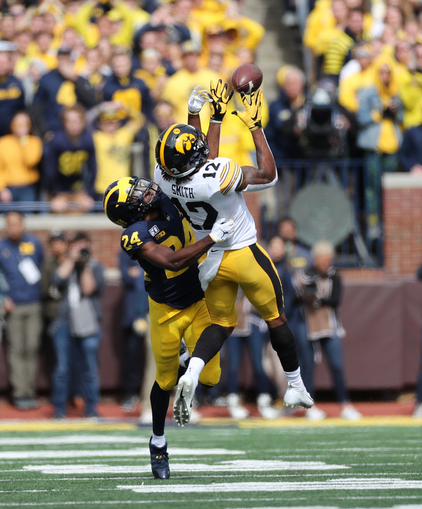 Iowa Hawkeyes wide receiver Brandon Smith (12) against the Michigan Wolverines Saturday, October 5, 2019 at Michigan Stadium in Ann Arbor, MI. (Brian Ray/hawkeyesports.com)
