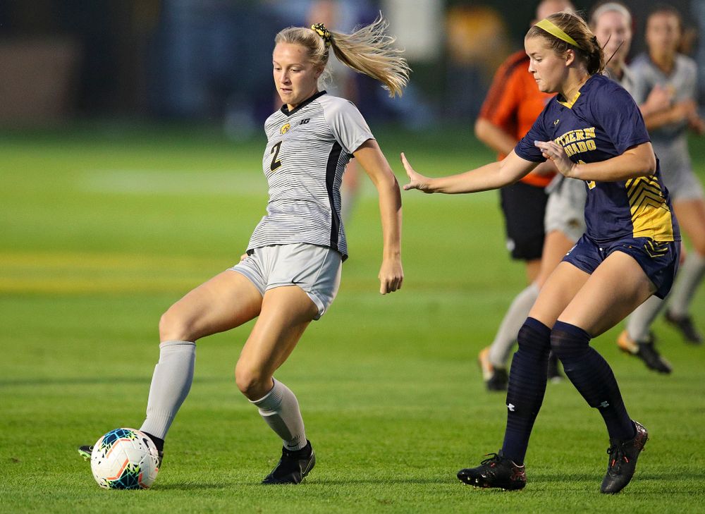 Iowa midfielder Hailey Rydberg (2) passes during the first half of their match at the Iowa Soccer Complex in Iowa City on Friday, Sep 13, 2019. (Stephen Mally/hawkeyesports.com)
