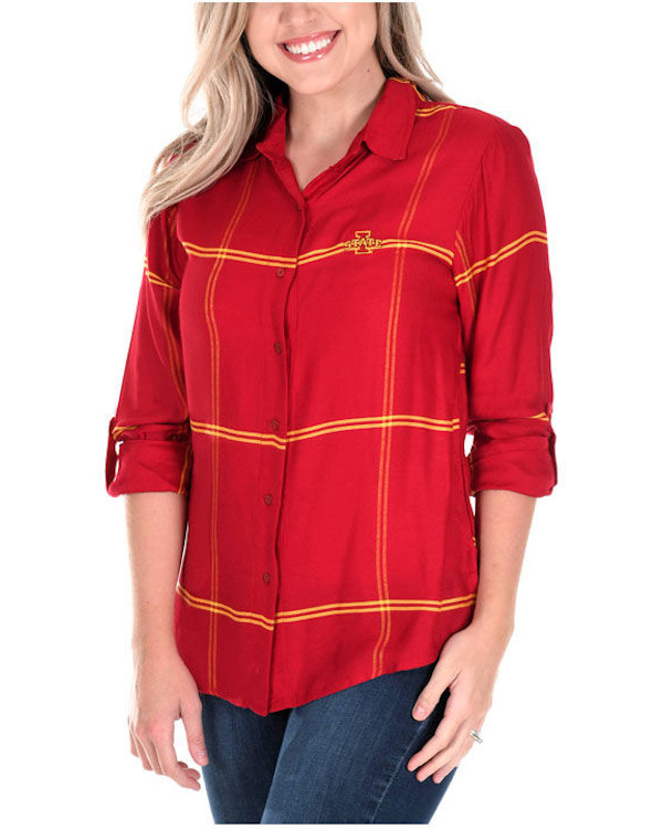 Iowa State Cyclones Women S Satin Boyfriend Plaid Button Up Shirt