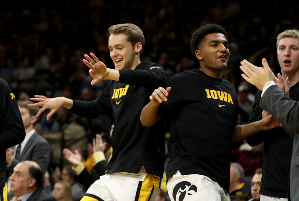 Iowa Hawkeyes forward Riley Till (20) and guard Nicolas Hobbs (24) against North Florida Thursday, November 21, 2019 at Carver-Hawkeye Arena. (Brian Ray/hawkeyesports.com)
