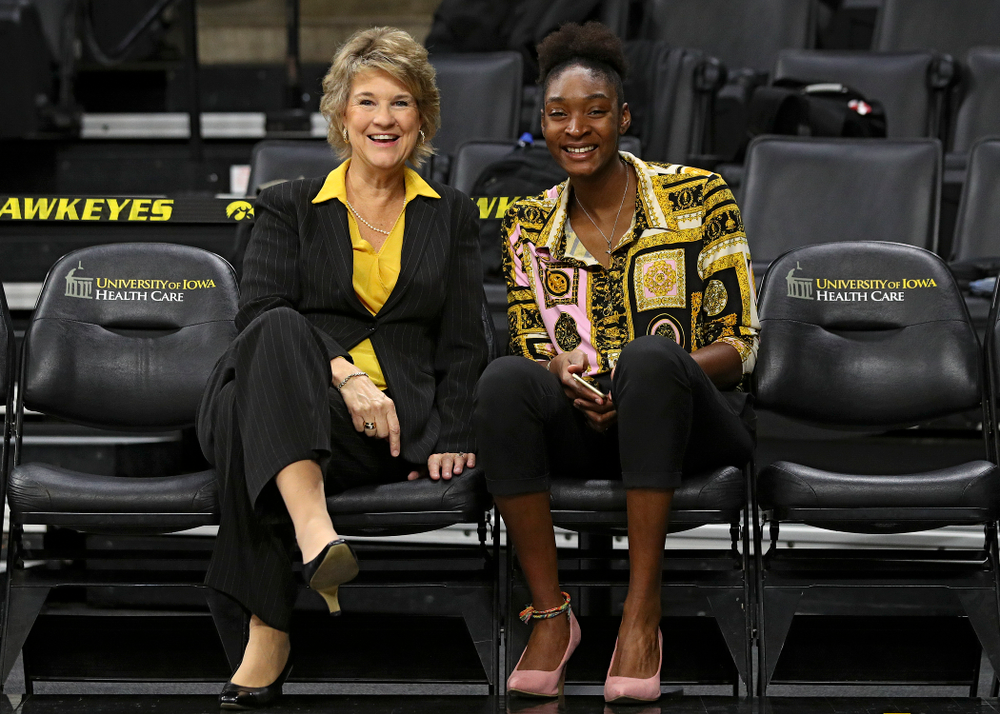 Iowa head coach Lisa Bluder and Iowa director of basketball operations Ugo Nwaigwe during Iowa Women’s Basketball Media Day at Carver-Hawkeye Arena in Iowa City on Thursday, Oct 24, 2019. (Stephen Mally/hawkeyesports.com)