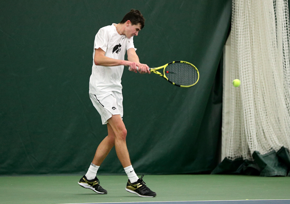 Iowa’s Matt Clegg during his singles match at the Hawkeye Tennis and Recreation Complex in Iowa City on Sunday, February 16, 2020. (Stephen Mally/hawkeyesports.com)