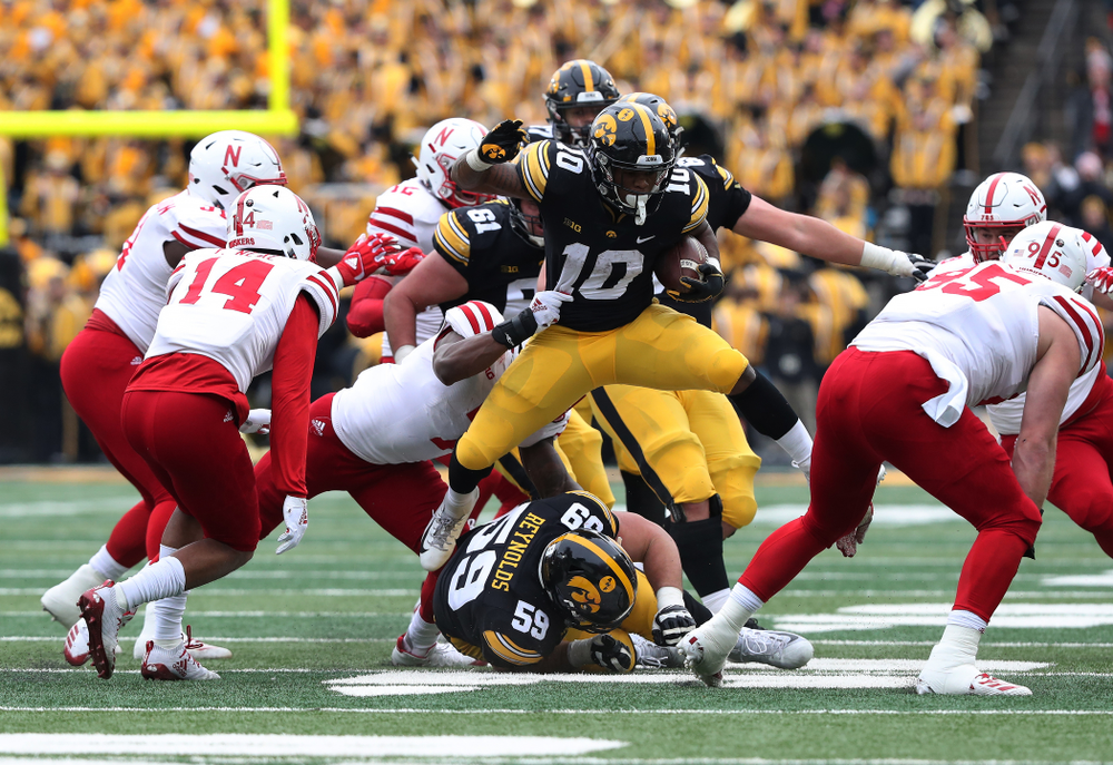 Iowa Hawkeyes running back Mekhi Sargent (10) against the Nebraska Cornhuskers Friday, November 23, 2018 at Kinnick Stadium. (Brian Ray/hawkeyesports.com)