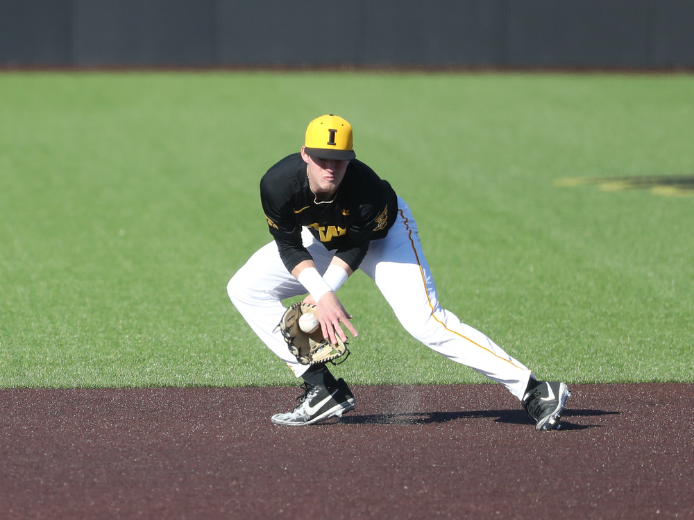 Iowa Hawkeyes infielder Brendan Sher (2) against the Bradley Braves Tuesday, March 26, 2019 at Duane Banks Field. (Brian Ray/hawkeyesports.com)