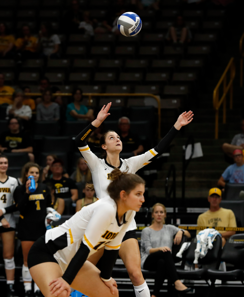 Iowa Hawkeyes middle blocker Sarah Wing (13) against Eastern Illinois Sunday, September 9, 2018 at Carver-Hawkeye Arena. (Brian Ray/hawkeyesports.com)