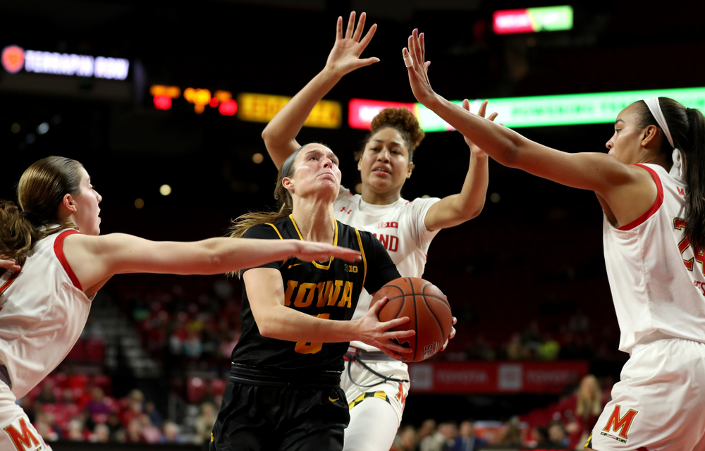 Iowa Hawkeyes guard Makenzie Meyer (3) against the Maryland Terrapins Thursday, February 13, 2020 at the Xfinity Center in College Park, MD. (Brian Ray/hawkeyesports.com)