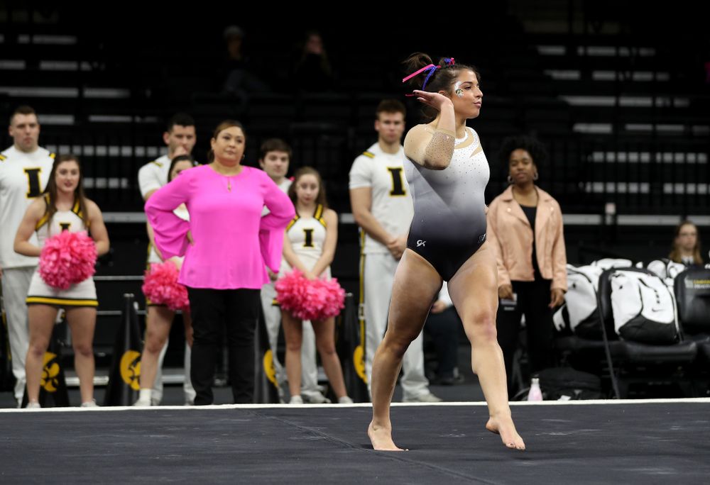 IowaÕs Ariana Agrapides competes on the floor against Ball State and Air Force Saturday, January 11, 2020 at Carver-Hawkeye Arena. (Brian Ray/hawkeyesports.com)