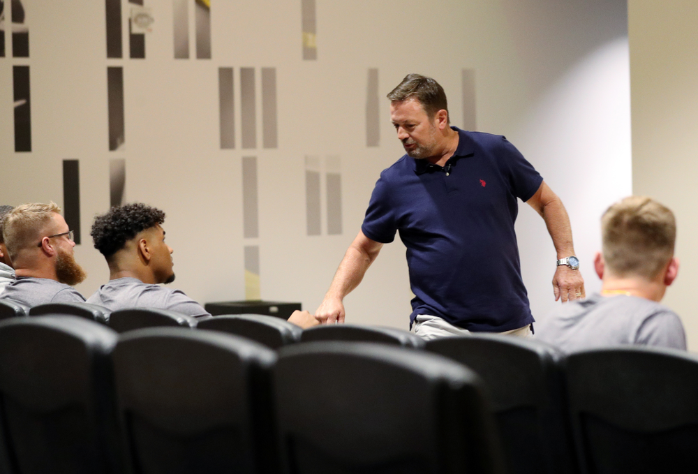 Former University of Iowa defensive back and Oklahoma Head Coach Bob Stoops addresses the Hawkeye Football team as the honorary captain for their game against Miami, Ohio Friday, August 30, 2019 at the Hansen Football Performance Center. (Brian Ray/hawkeyesports.com)