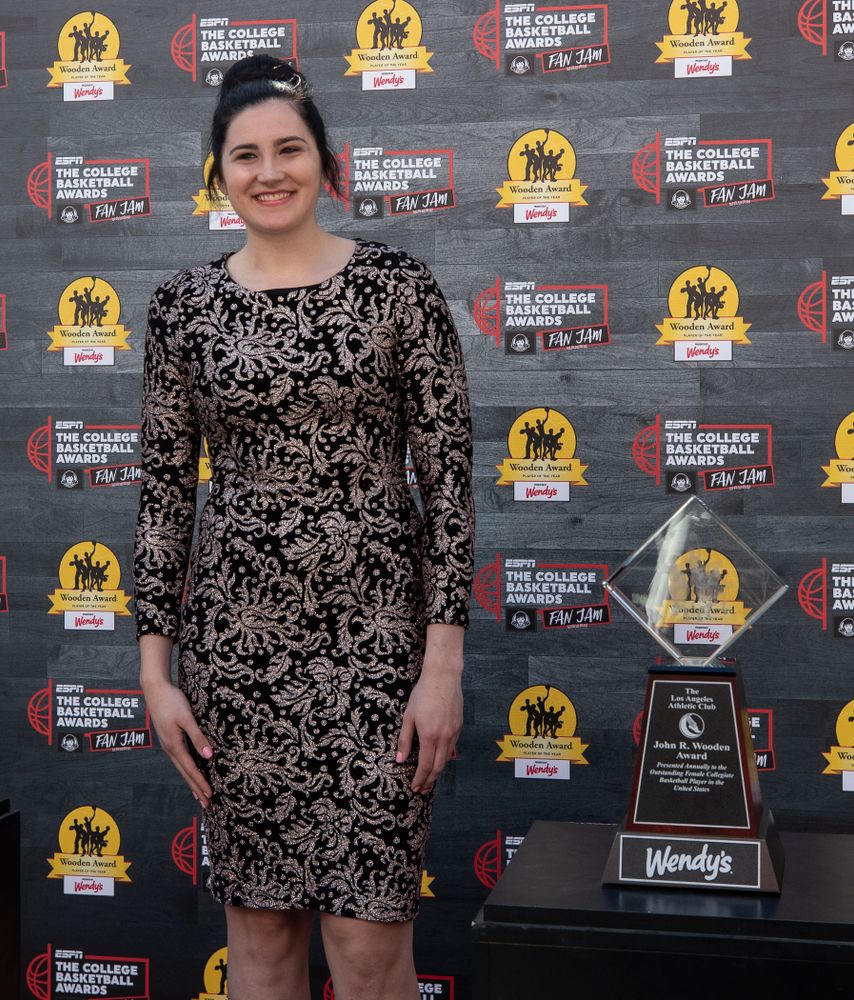 Iowa Hawkeyes forward Megan Gustafson (10) walks the red carpet before the ESPN College Basketball Awards show Friday, April 12, 2019 at The Novo at LA Live. (Brian Ray/hawkeyesports.com)
