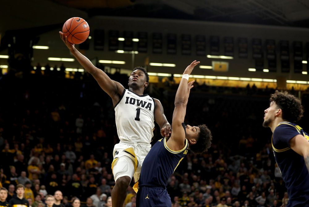 Iowa Hawkeyes guard Joe Toussaint (1) against the Michigan Wolverines Friday, January 17, 2020 at Carver-Hawkeye Arena. (Brian Ray/hawkeyesports.com)