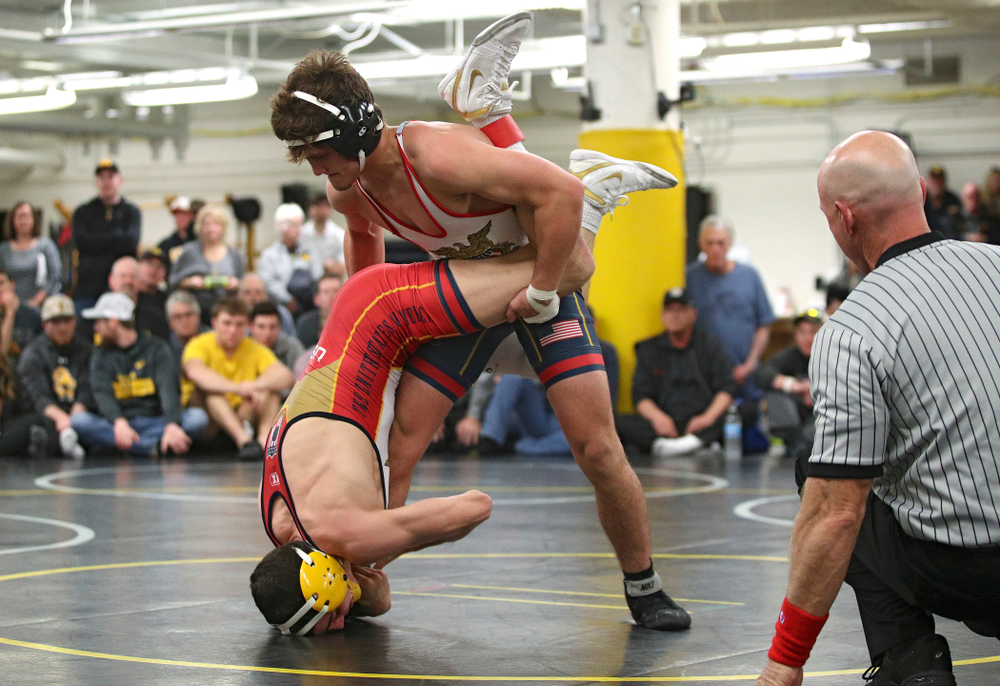 Iowa’s Gavin Teasdale (top) and Paul Glynn battle for control during their preseason match at the Dan Gable Wrestling Complex at Carver-Hawkeye Arena in Iowa City on Thursday, Nov 7, 2019. (Stephen Mally/hawkeyesports.com)